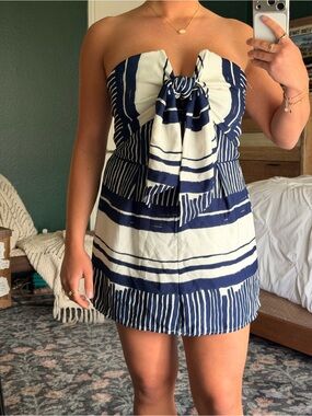 Lulu's Navy and White Strapless Tie-Front Mini Dress